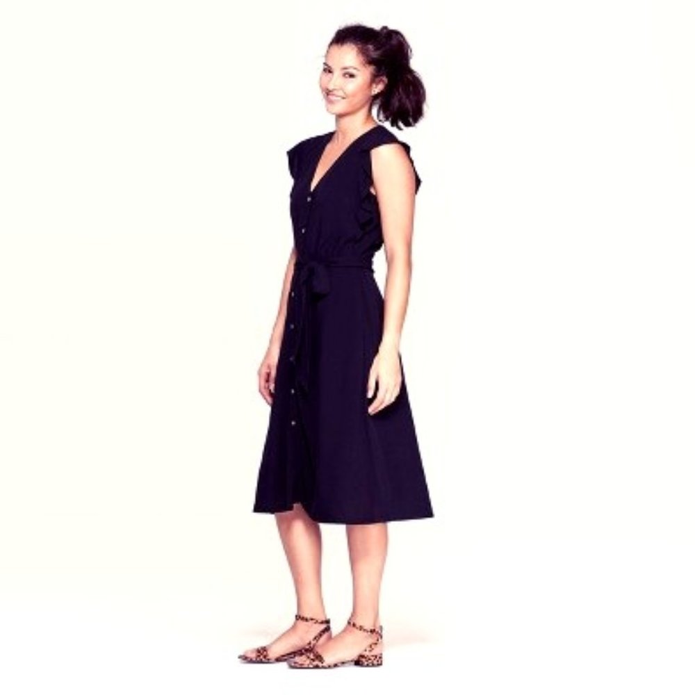 RUFFLE SHORT SLEEVE V'NECK BUTTON MIDI DRESS EUC